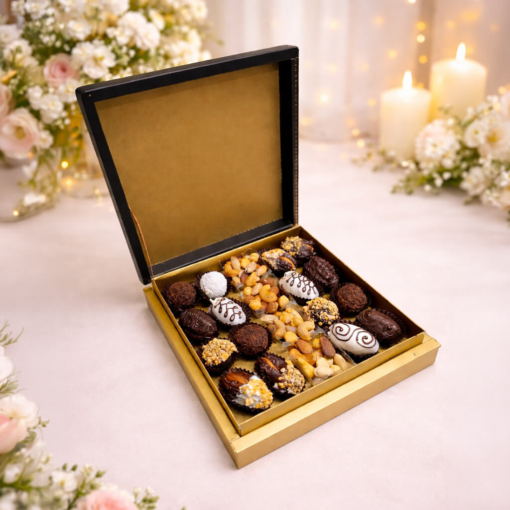 Lezzetli Hediye Kutusu: Bademli Hurma, Truffle ve Kuruyemiş Seti